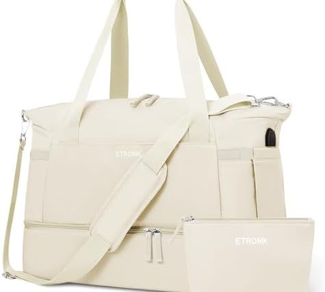 ETRONIK Gym Bag for Women, Travel Duffel Bag with USB Charging Port, Weekender Overnight Bag with Wet Pocket and Shoes Compartment for Women, Travel, Gym, Yoga (Beige)