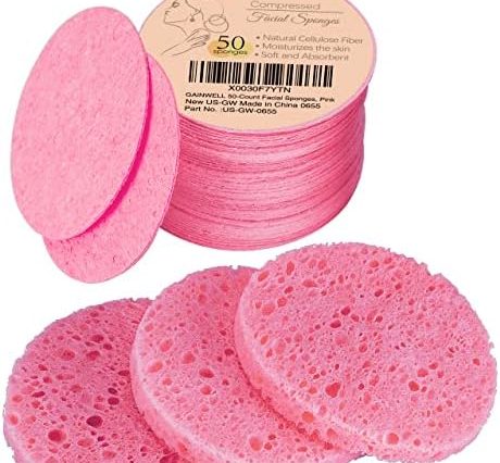 50-Count Compressed Facial Sponges for Daily Facial Cleansing and Exfoliating, 100％ Natural Cosmetic Spa Sponges for Makeup Remover, Reusable, Pink